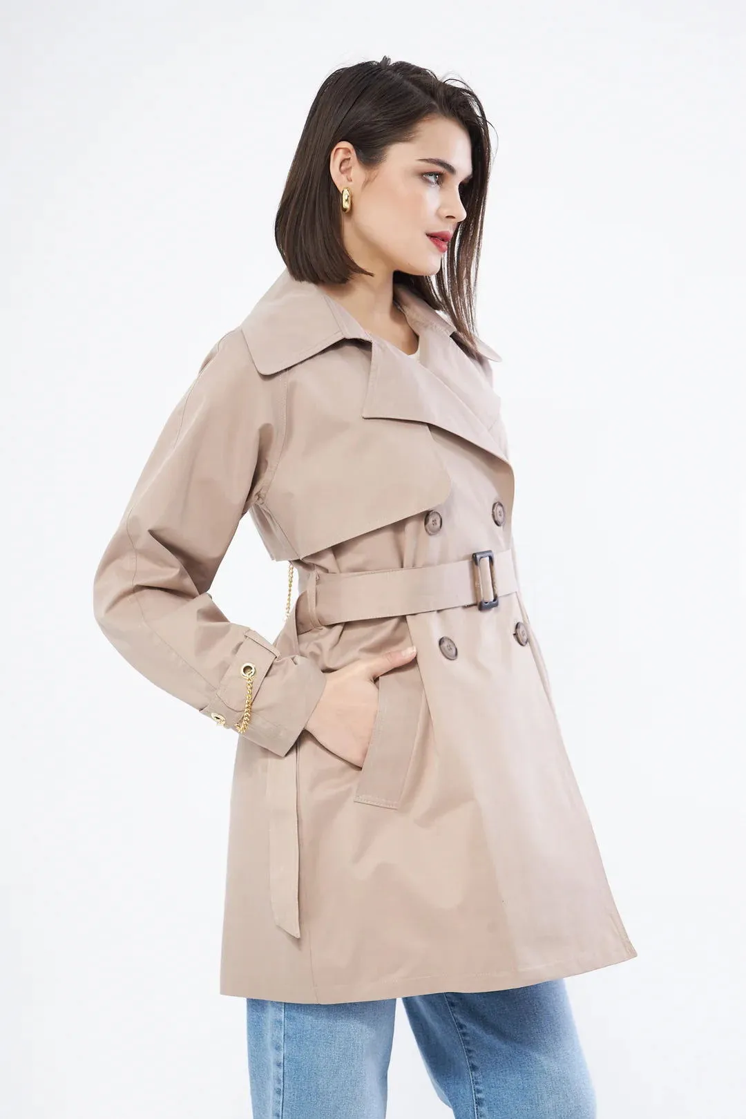 Women's Short Trench Coat with Chain Detail - Beige - SCB-W12404