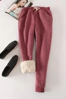 Womens Winter Thick Cashmere Track Pants/Loose Long Fur Inside Trousers