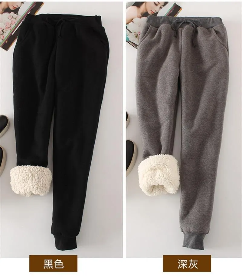 Womens Winter Thick Cashmere Track Pants/Loose Long Fur Inside Trousers