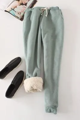 Womens Winter Thick Cashmere Track Pants/Loose Long Fur Inside Trousers