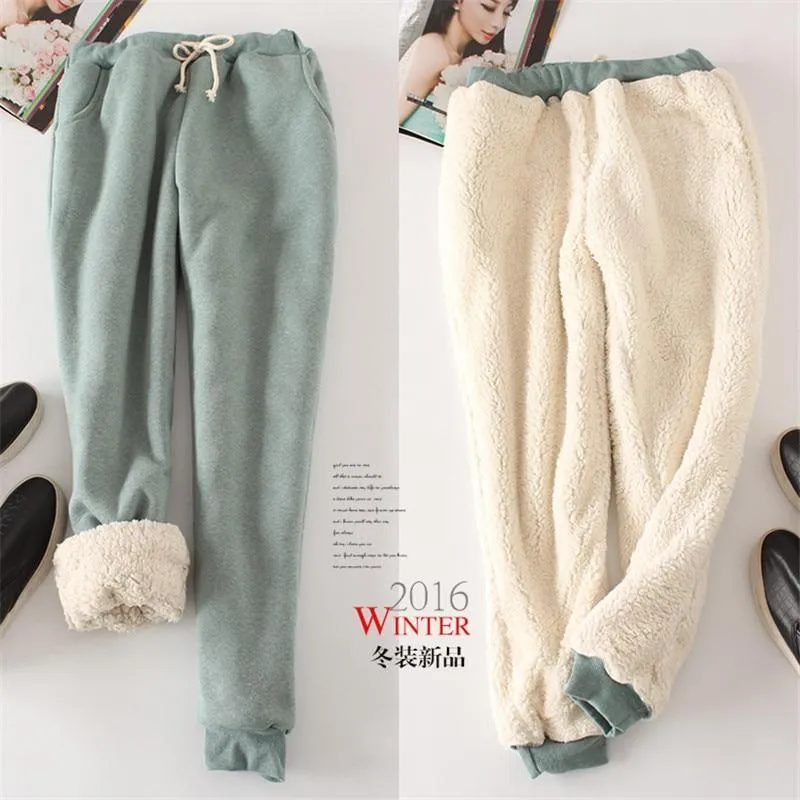 Womens Winter Thick Cashmere Track Pants/Loose Long Fur Inside Trousers