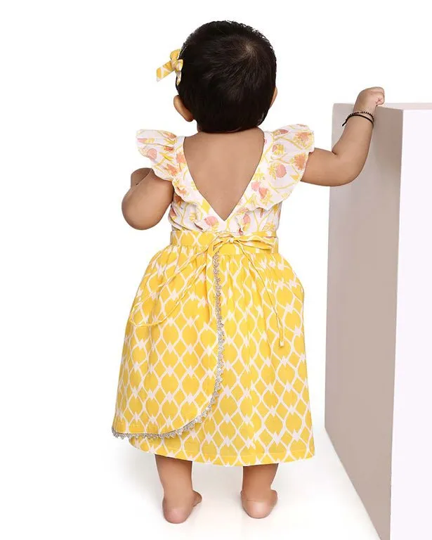 Zahra - Handblock Printed Infant Onesie with Detachable Lehenga Skirt and Matching Clips